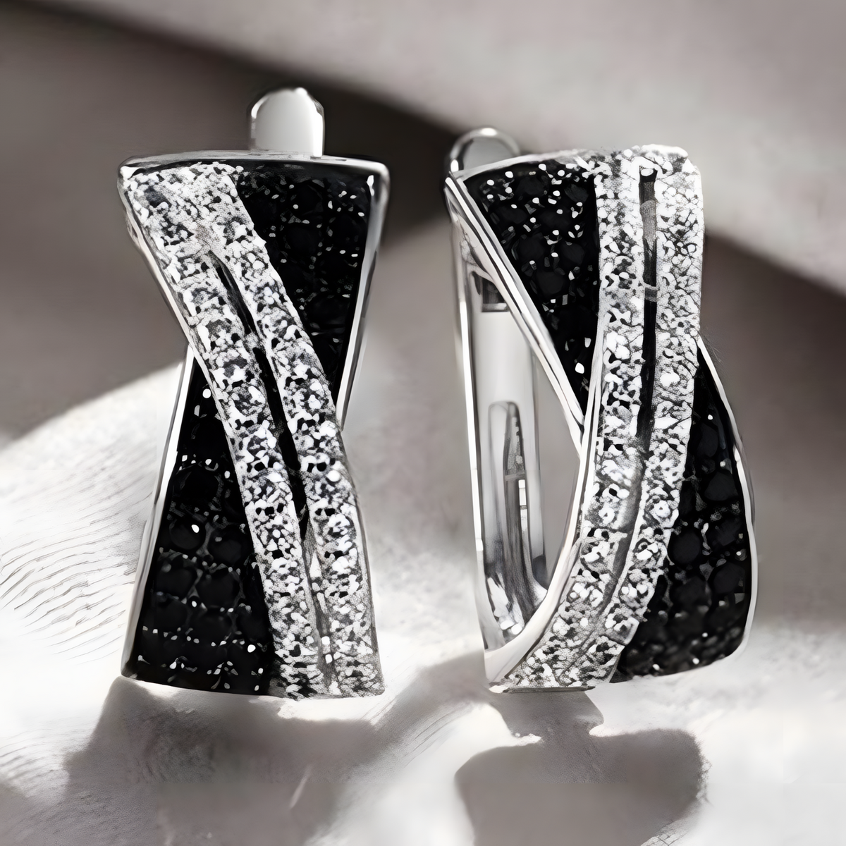 Sterling Silver Hoop Earrings for Women with Black and White Zirconia Stones 510