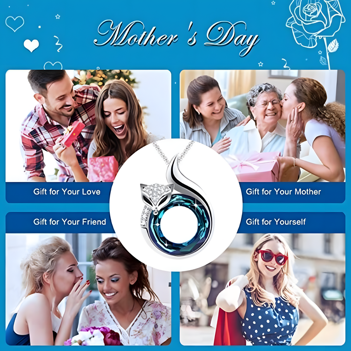 Fox Pendant Necklace for Women–Crystal Blue Ring Design with Cubic Zirconia 1164