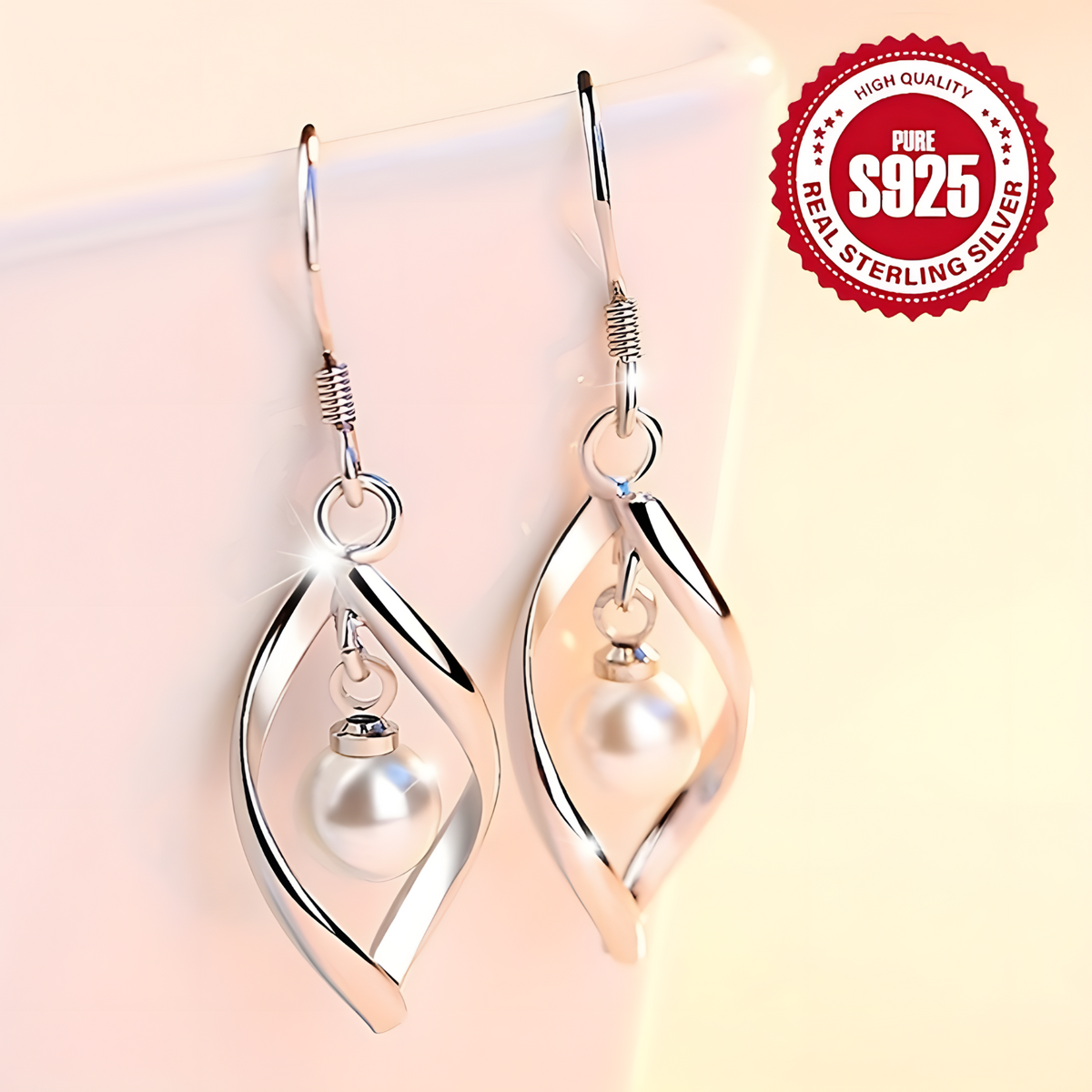 925 Sterling Silver Drop Earrings Trendy Twisted Leaf Shape with Pearl 825