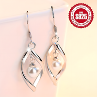 925 Sterling Silver Drop Earrings Trendy Twisted Leaf Shape with Pearl 825