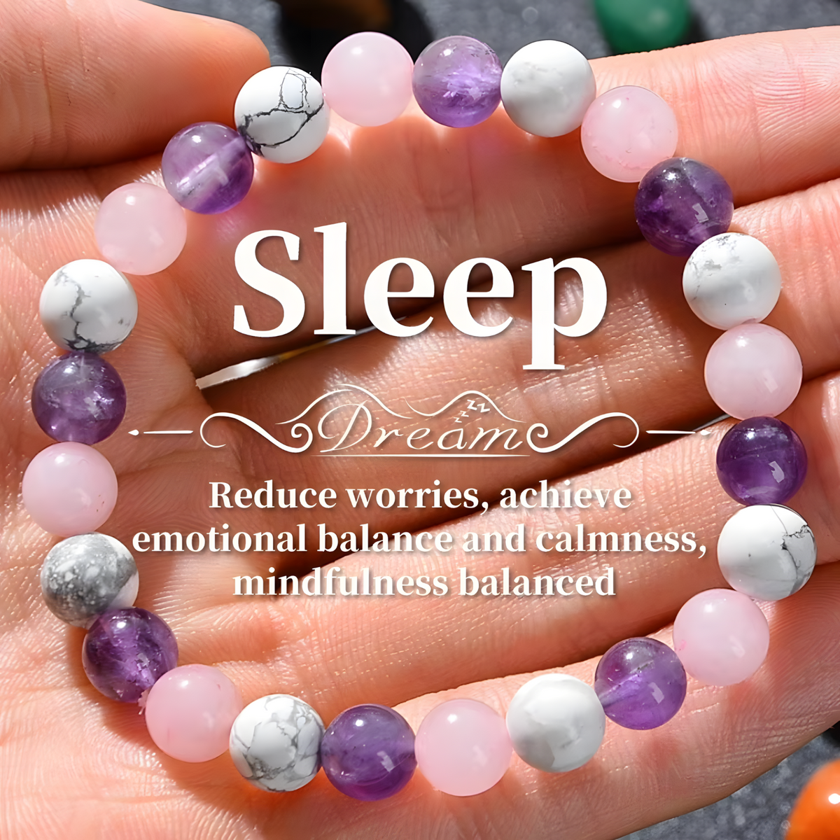 8mm Sleep Bracelet – Amethyst, Rose Quartz & Howlite Beads, 8mm Round Beads 1487