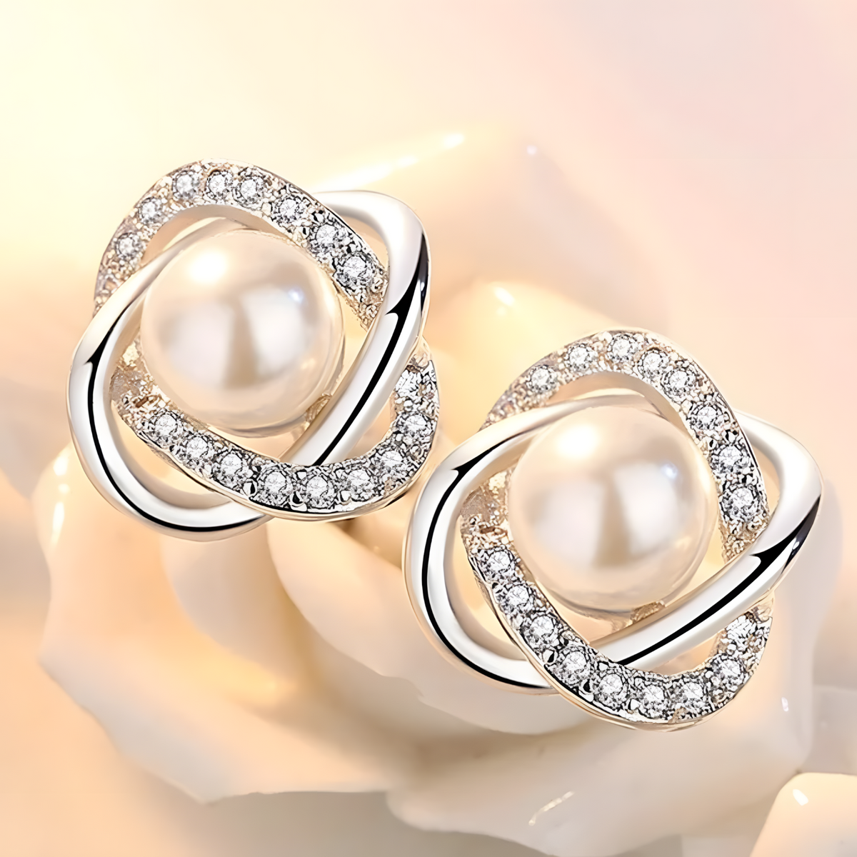 925 Silver-Plated Pearl & Crystal Stud Earrings for Women Elegant Round 11mm 899