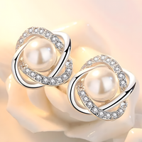 925 Silver-Plated Pearl & Crystal Stud Earrings for Women Elegant Round 11mm 899