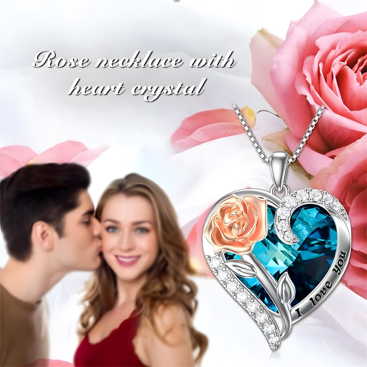 Fashion "I Love You" Rose Flower Pendant Necklace Ladies Heart Crystal Jewel B14
