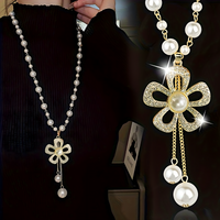 Flower Pearl Pendant Necklace for Women – Elegant Long Link Chain Rhinestone 693