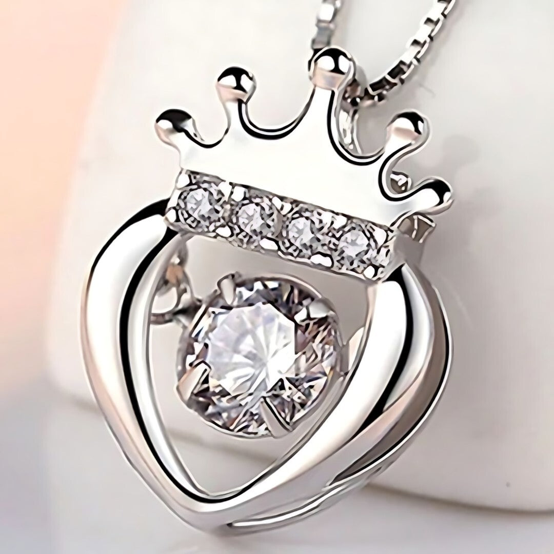 925 Sterling Silver Crown Heart Dancing Zircon Necklace – Elegant Box Chain 252