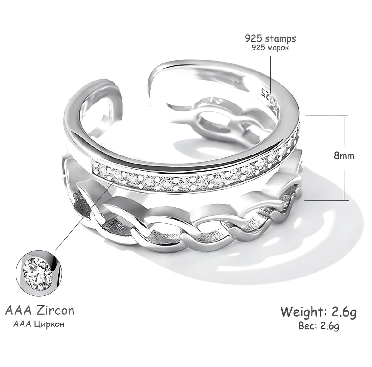 925 Sterling Silver Crown Ring Women; Adjustable Rhinestone Open Finger Band 393