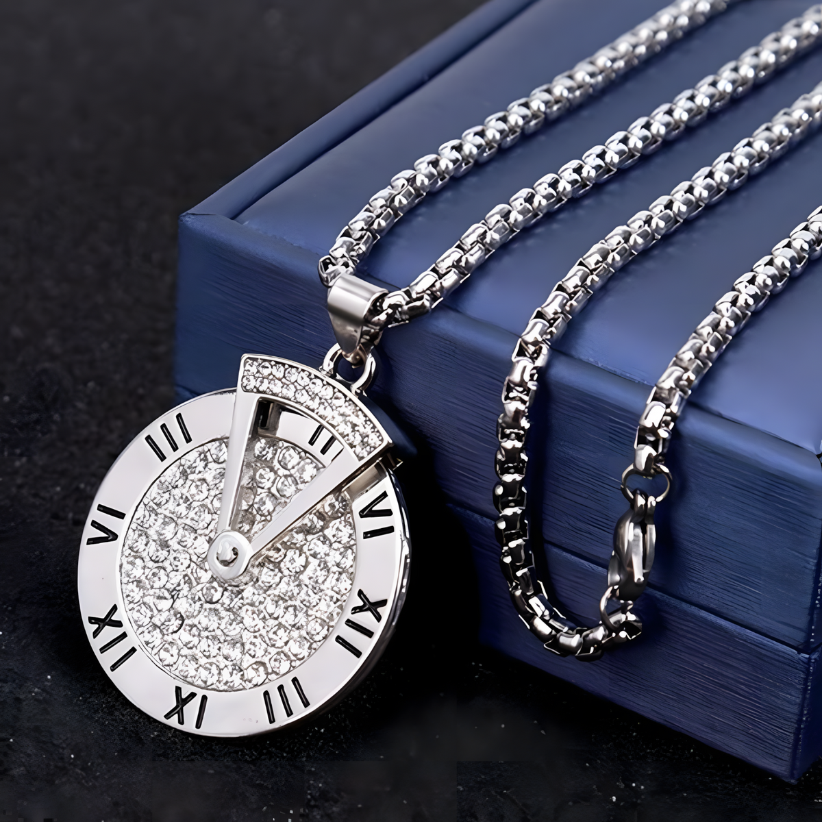 Rotatable Roman Numeral Round Disc Pendant Necklace for Men Hip Hop Spinner 1385