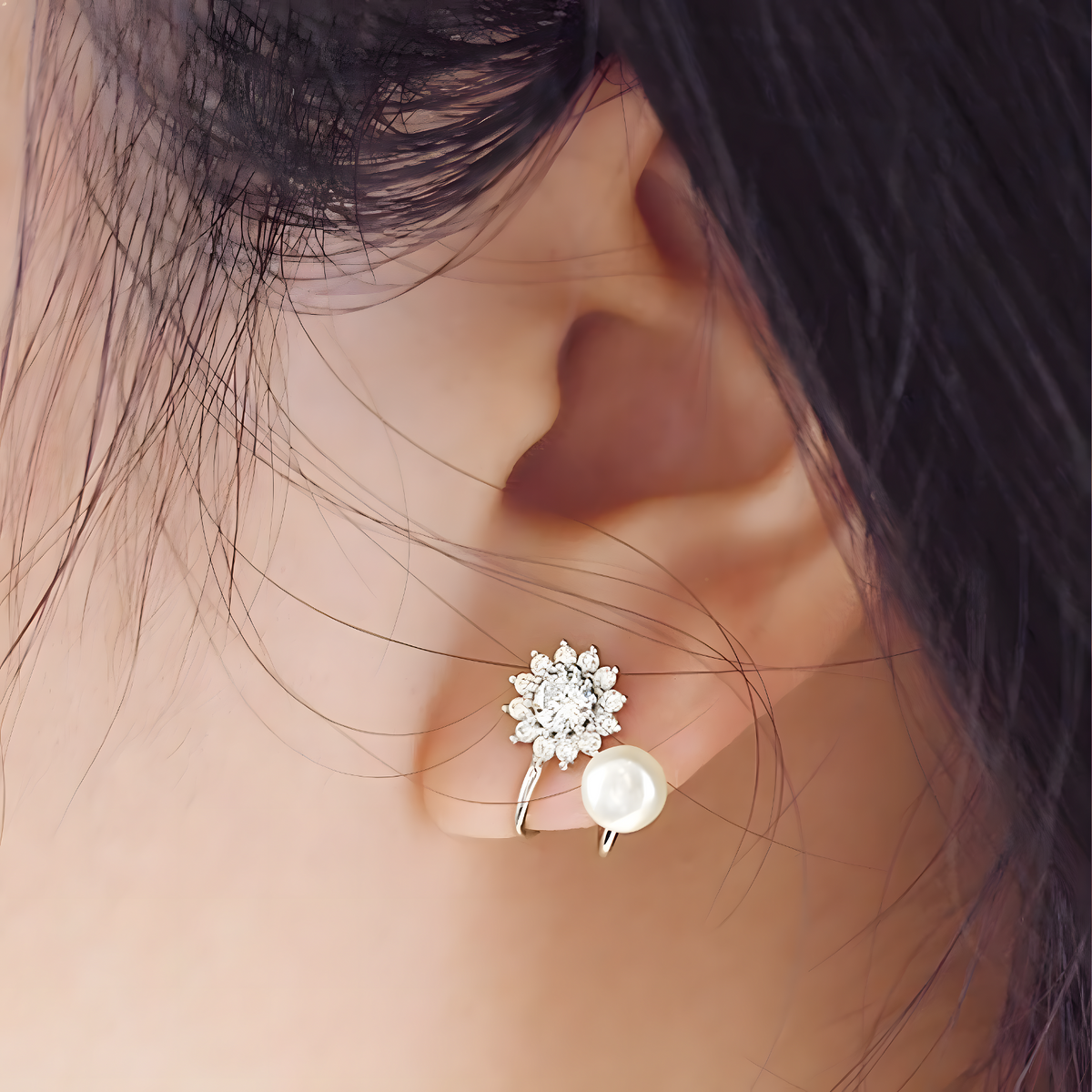 925 Sterling Silver Snowflake Stud Earrings with Pearl Accents, Sparkling CZ 326