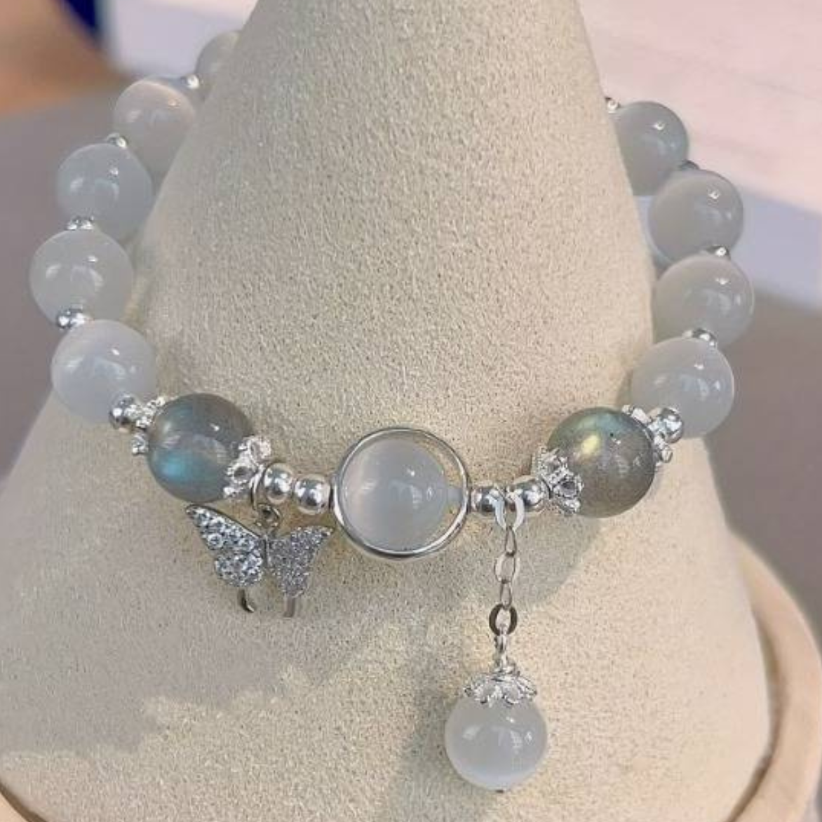 Elegant Gray Moonstone Butterfly Charm Bracelet: Handmade with Love 139