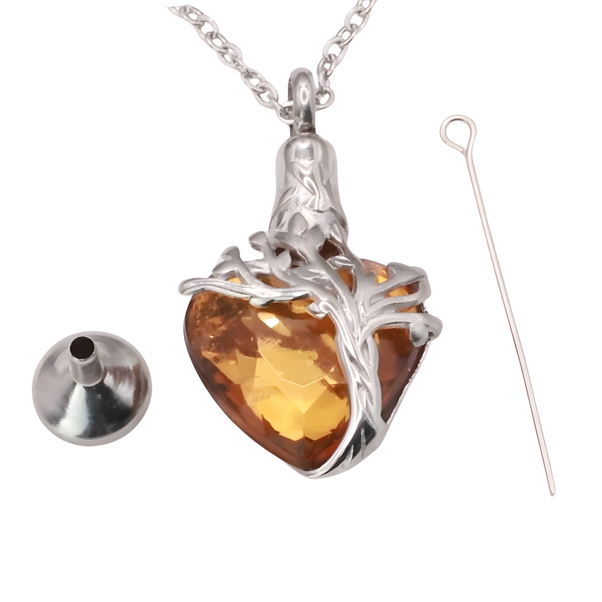 Heart Tree of Life Urn Necklace Crystal Funnel Filler 316L Stainless Steel B211