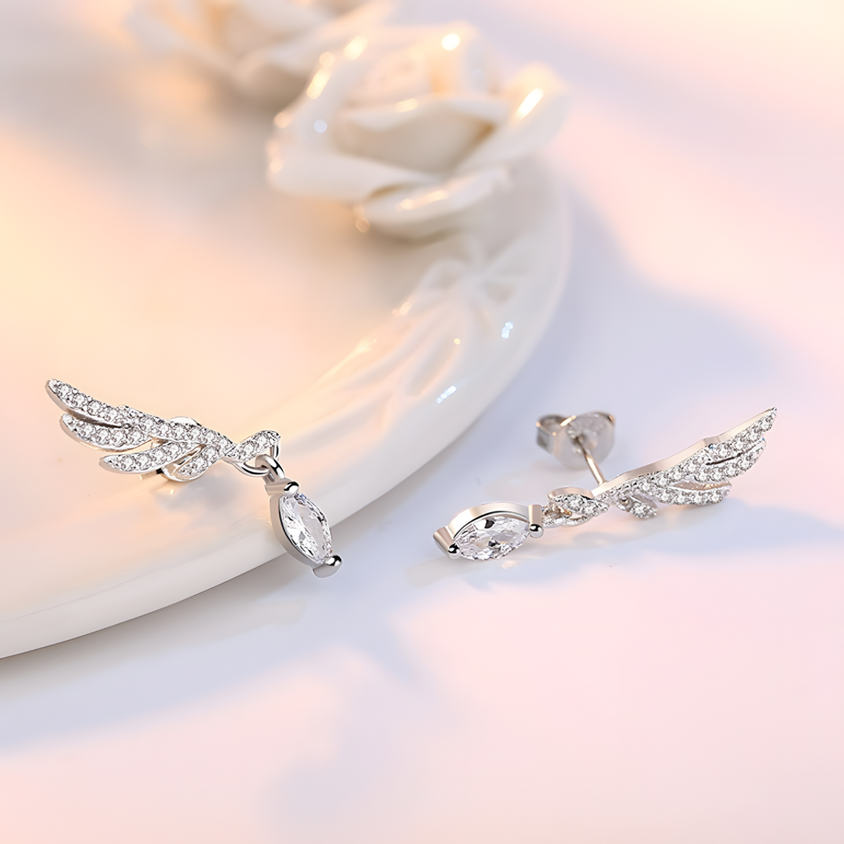 Feather Wing Crystal Stud Earring for Women – Trendy Angel Wing Design 1057