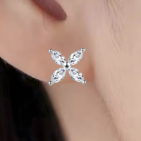 4-Petal Zircon Stud Earrings Women – 925 Silver-Plated Alloy Floral Design 1002