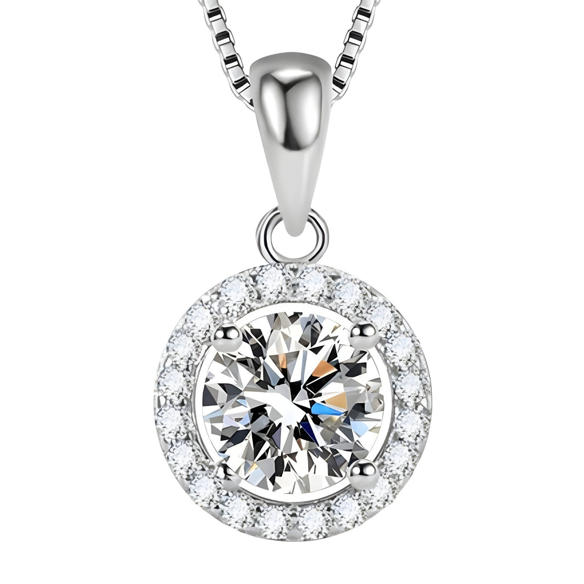Sterling Silver Box Chain Necklace with Brilliant Zirconia Pendant Versatile 258
