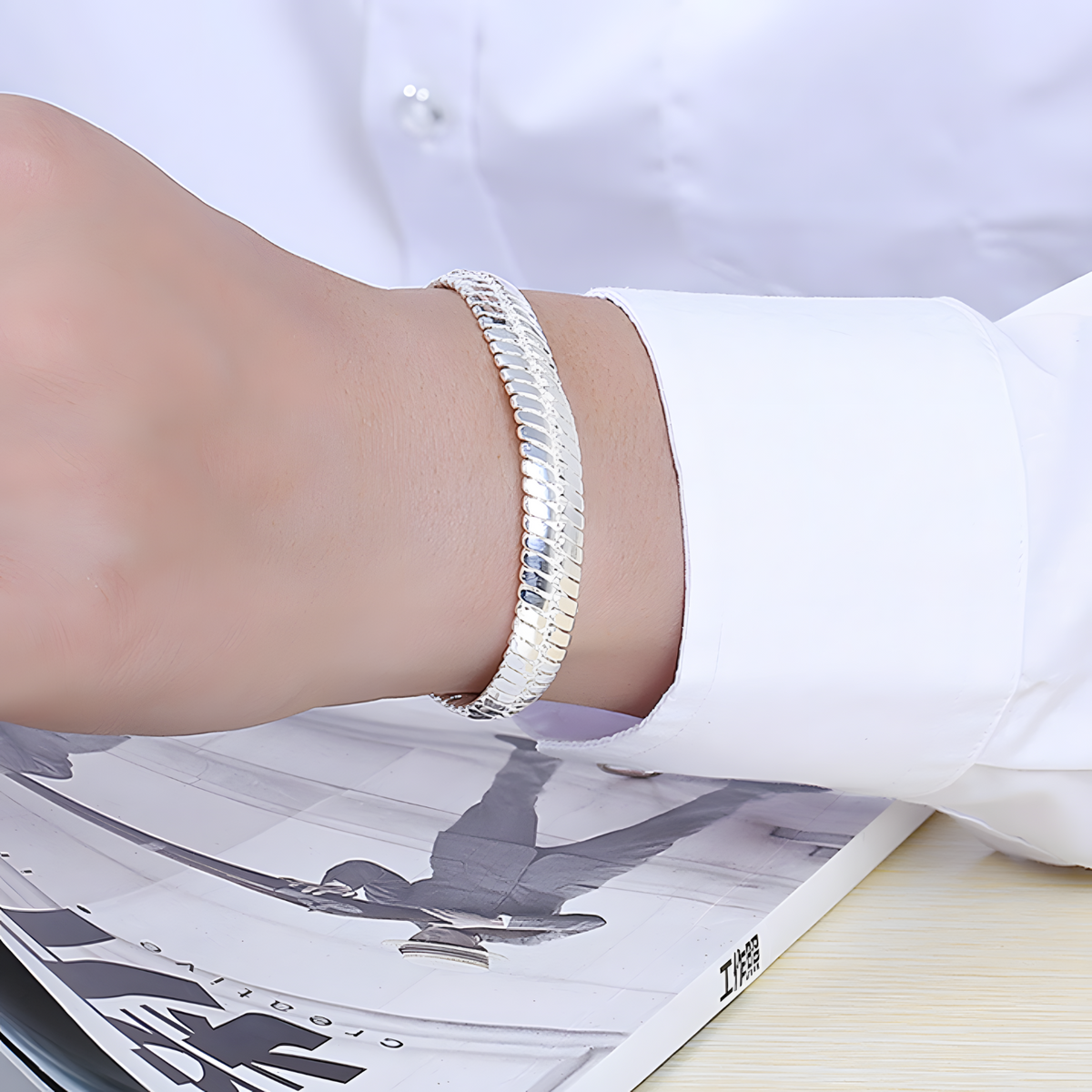 925 Sterling Silver Chain Bracelet for Women - Polished Flat Link Statement 1814