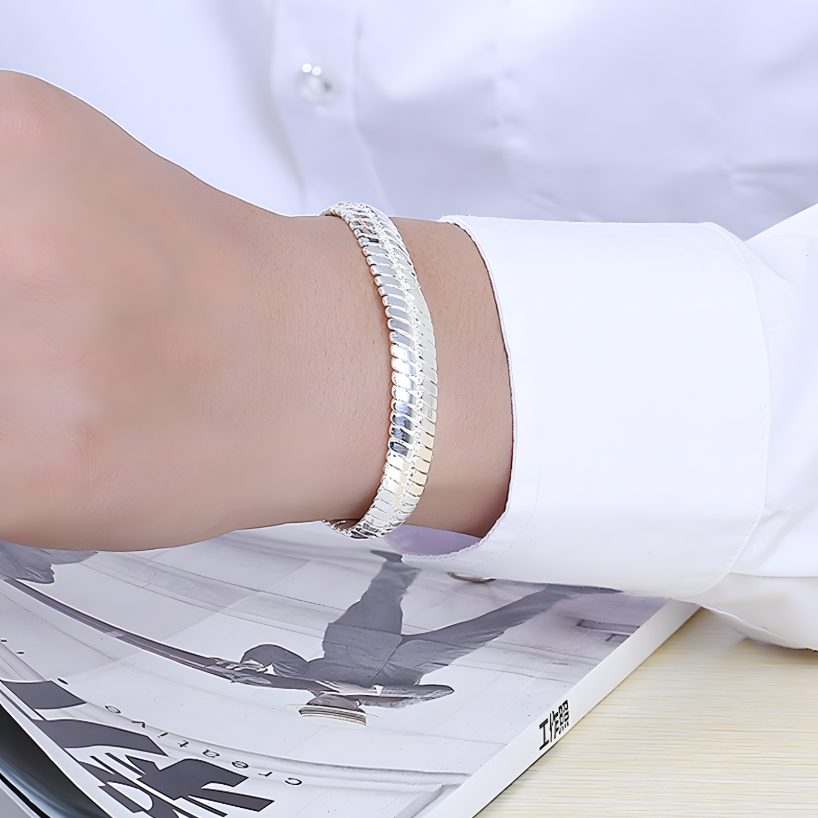 925 Sterling Silver Chain Bracelet for Women - Polished Flat Link Statement 1814