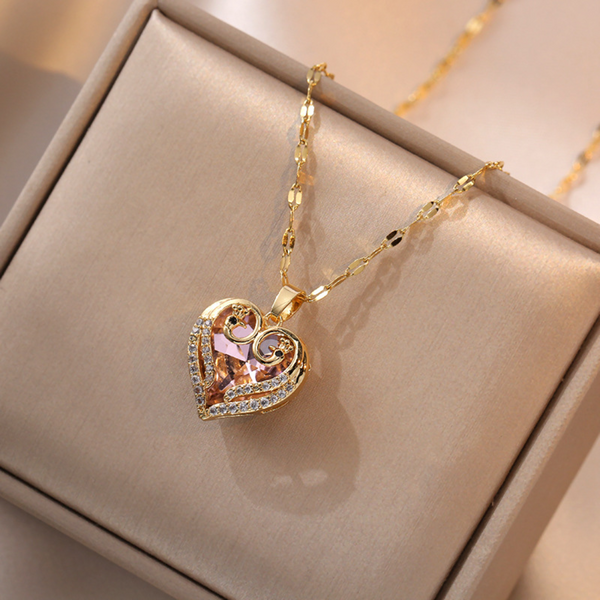 18K Gold Inlaid Pink Crystal Heart Pendant Necklace Cubic Zirconia Micro 1310
