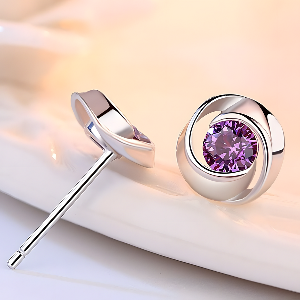 Purple Crystal Swirl Stud Earrings Women Elegant Round Cut CZ in 925 Silver 951