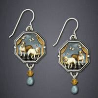 Vintage Dog Print Drop Earrings for Women – Handmade Octagon Dangle Earrings B3
