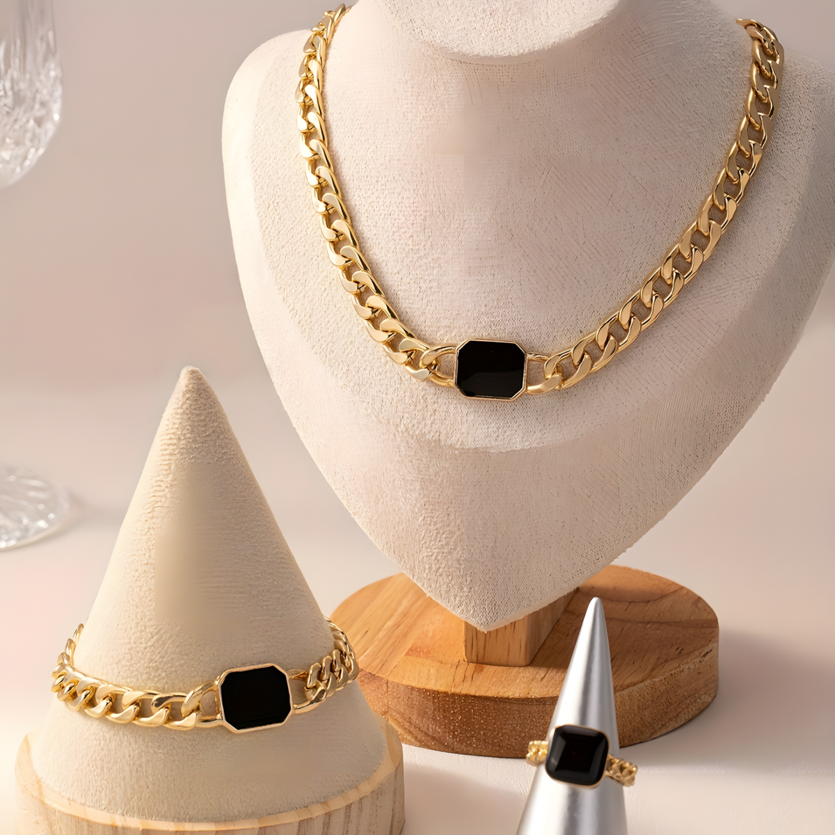 3-Piece Gold Colour Jewellery Set Chain Necklace, Bracelet & Adjustable Ring 728
