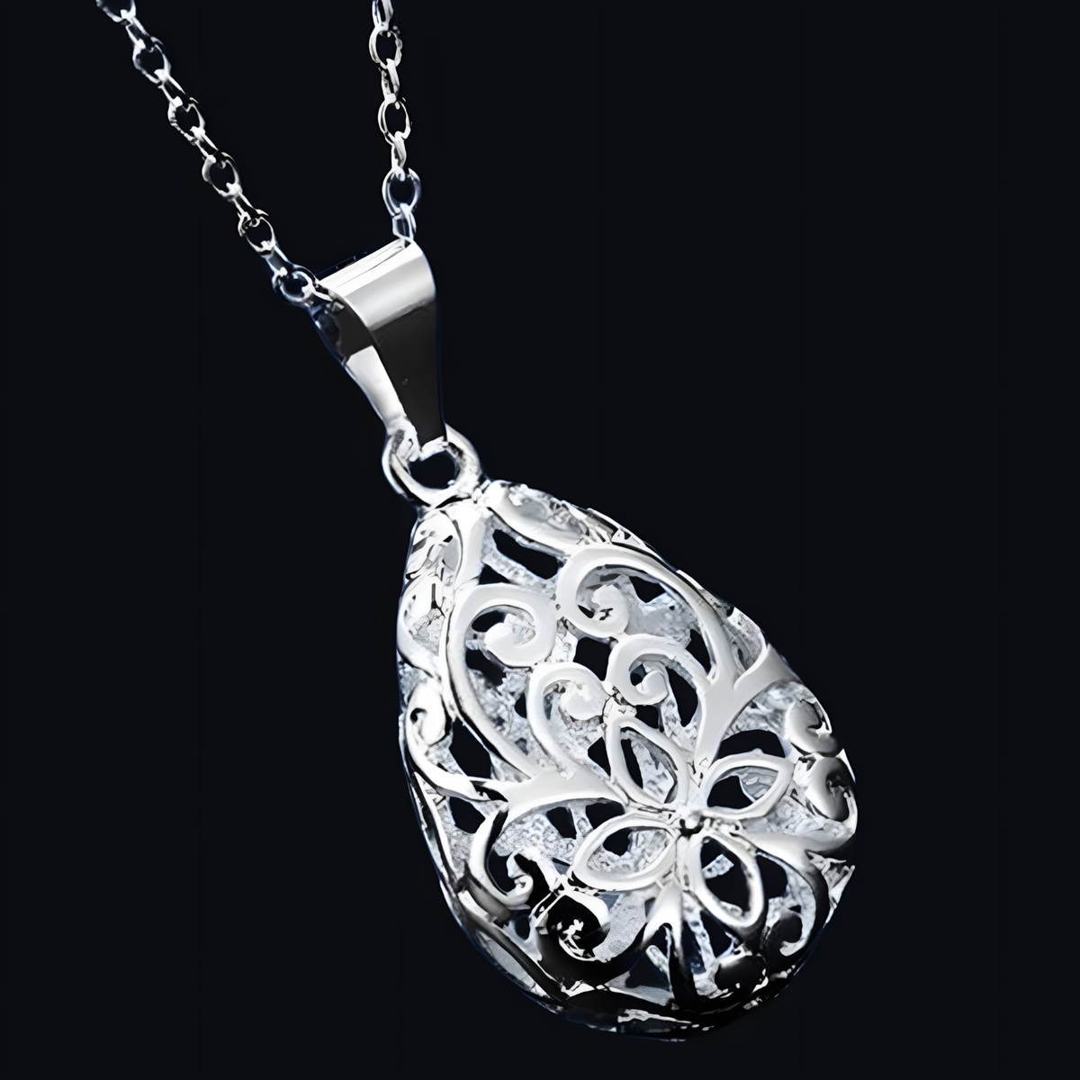 925 Sterling Silver Hollow Pendant Necklace Unique Filigree Water Drop B46
