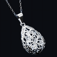 925 Sterling Silver Hollow Pendant Necklace Unique Filigree Water Drop B46
