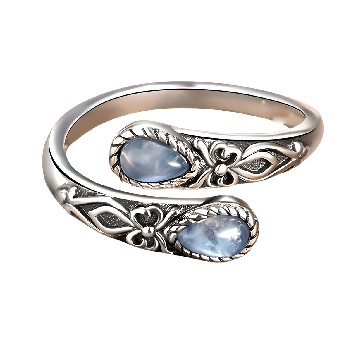 Retro Simple Flower Pattern Opening Rings Pear/Round Imitation Moonstone 506