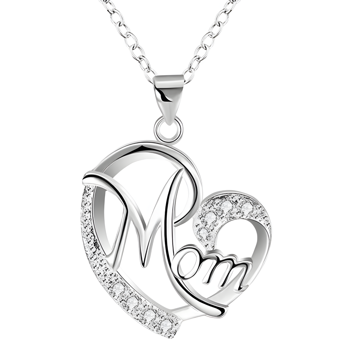 Mom Heart Pendant Necklace Silver Plated Link Chain Cubic Zirconia Micro 1359