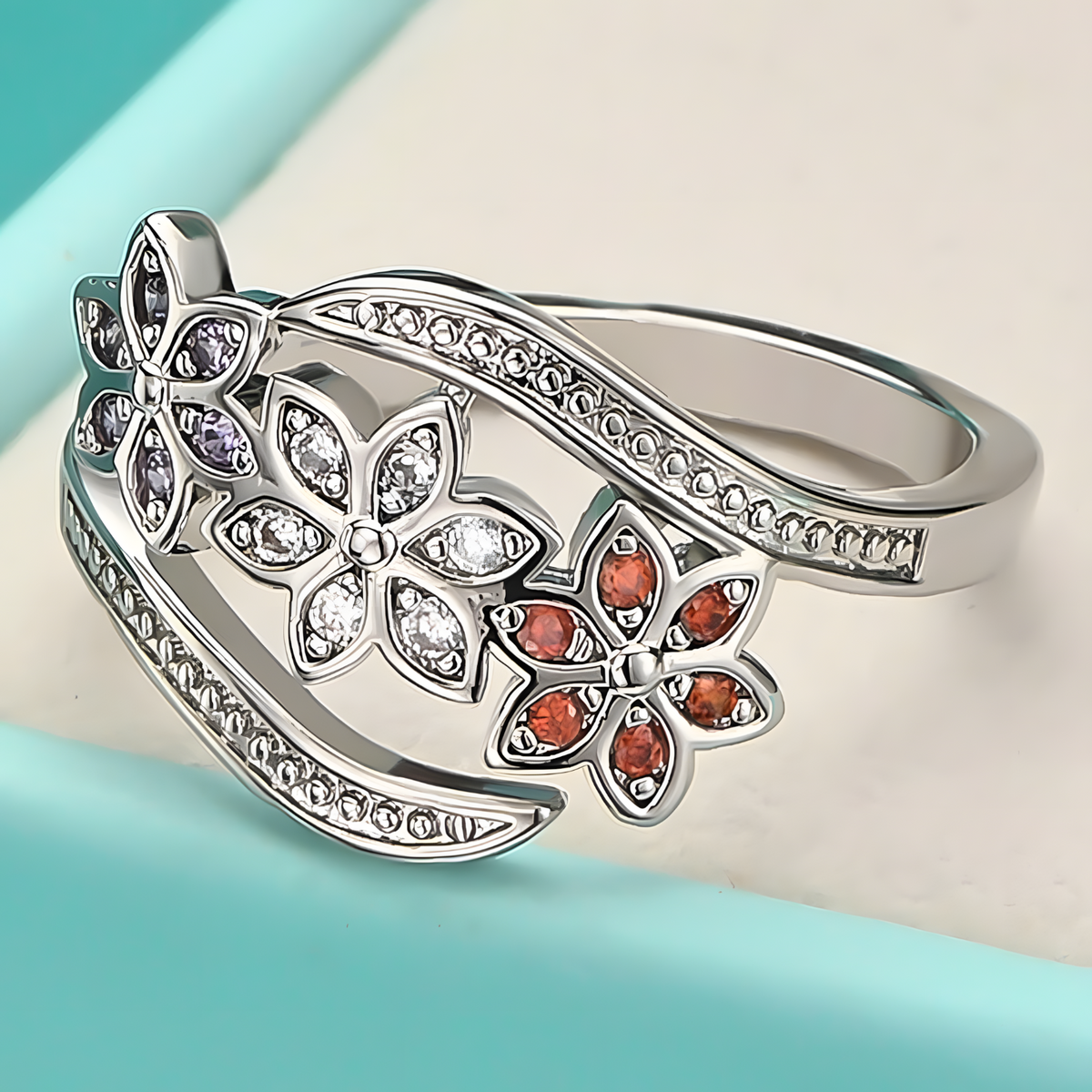 Unified Jewellery Premium Multicolour Crystal Floral Adjustable Ring 1840