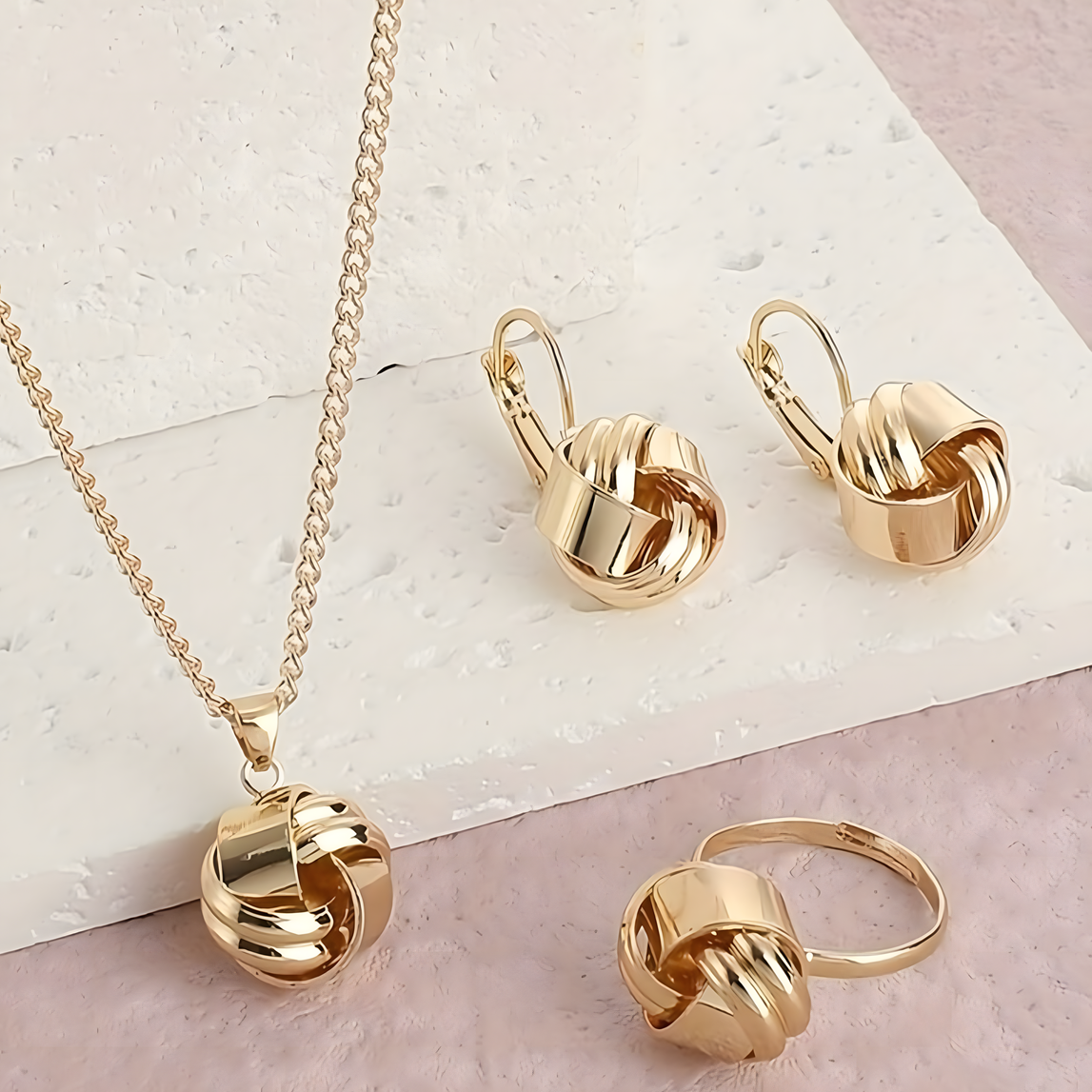 3 PCS Gold Lucky Knot Jewelry Set Women Zinc Alloy Necklace, Earrings 706