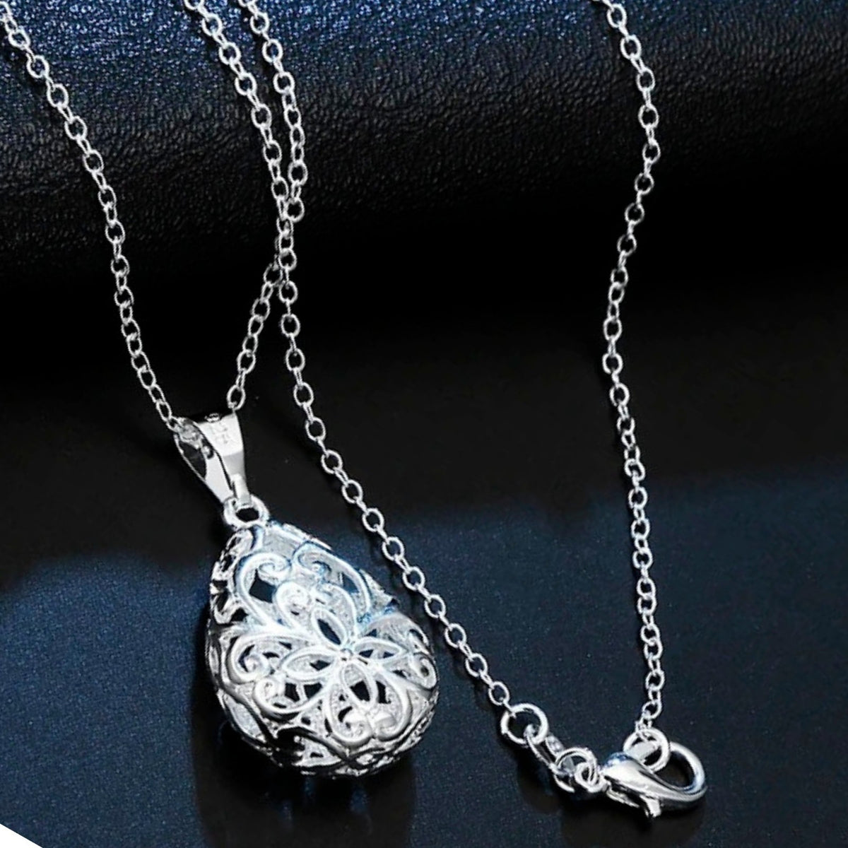 Silver Tone Filigree Teardrop Pendant Necklace Women's Fashion Jewelry Gift 410