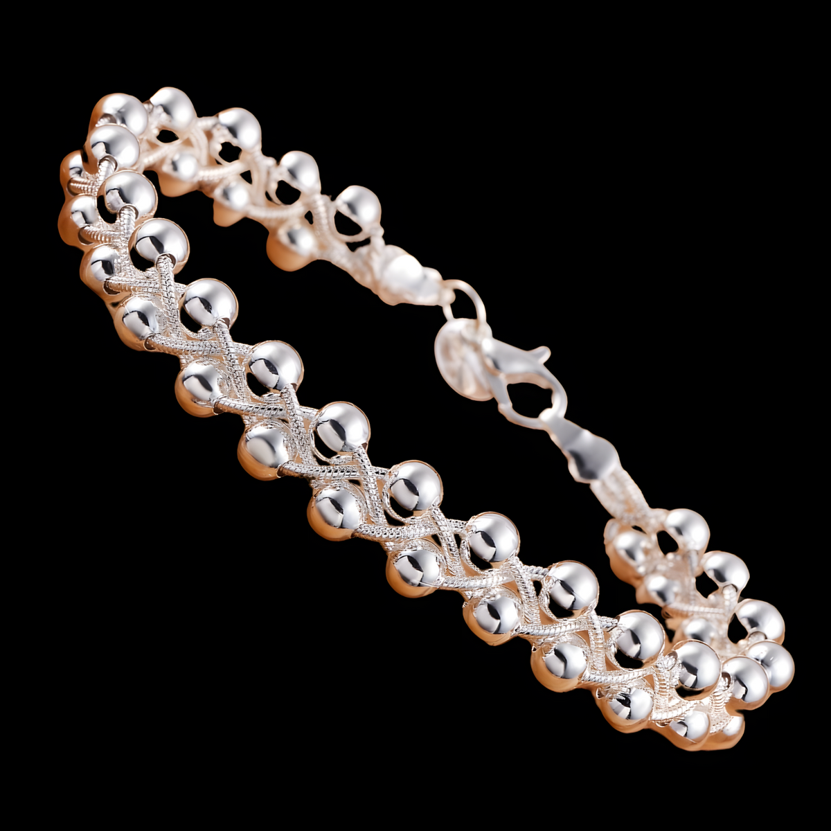925 Silver-Plated Beaded Charm Bracelet for Women – Classic Interwoven Chain 910