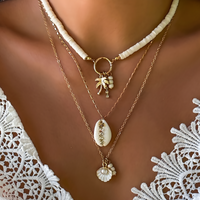 Boho Shell & Palm Layered Necklace – Gold-Tone Zinc Alloy Imitation Pearl 677