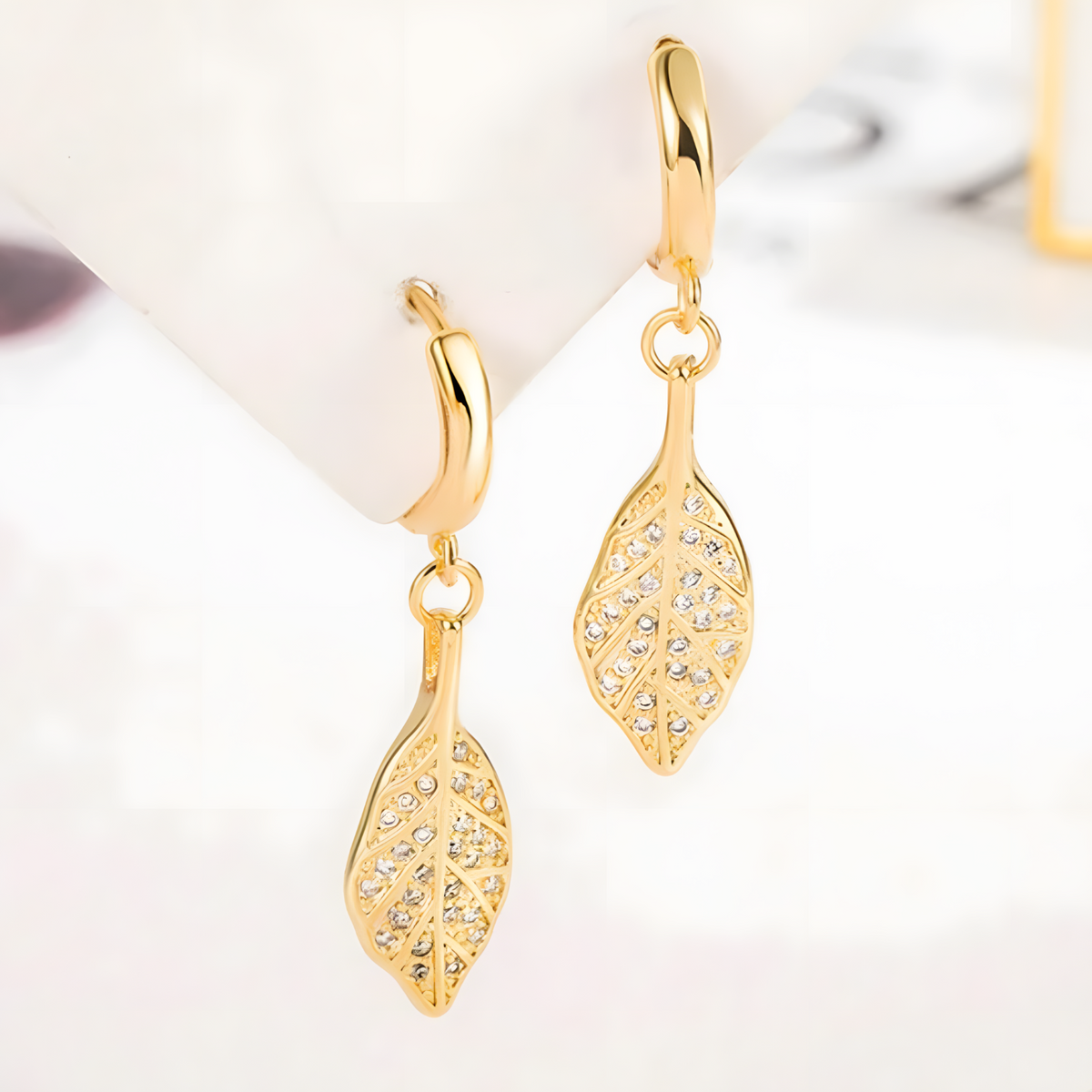 Gold Leaf Drop Hoop Earrings for Women, 925 Sterling Silver Zircon Dangle 301