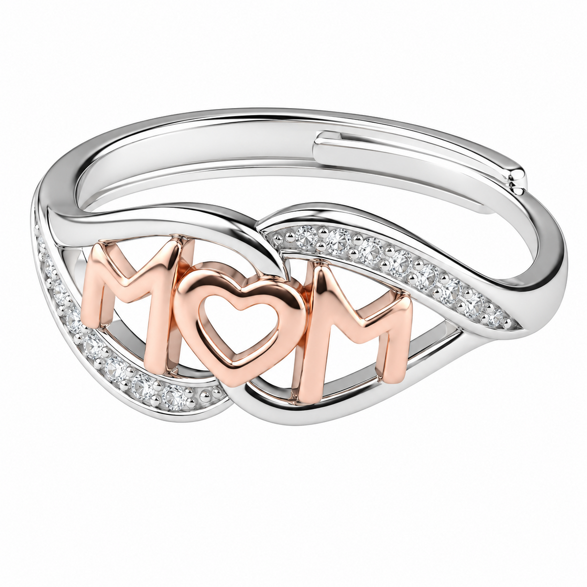 Women's MOM Heart Ring, Adjustable Silver Tone Promise Ring Rose Gold Tone  1646