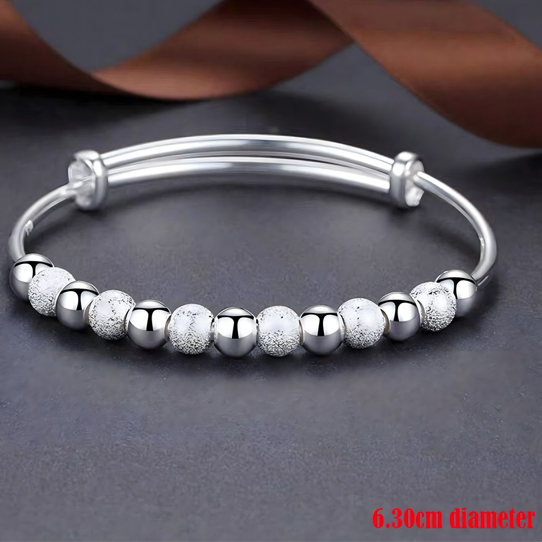 925 Silver-Colour Beaded Bangle Bracelet Women –Adjustable Round Ball Design 683