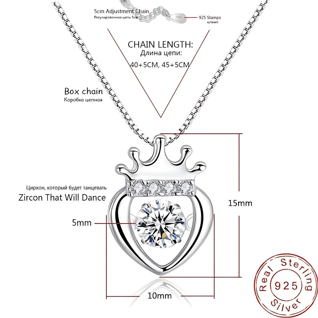 925 Sterling Silver Crown Heart Dancing Zircon Necklace – Elegant Box Chain 252