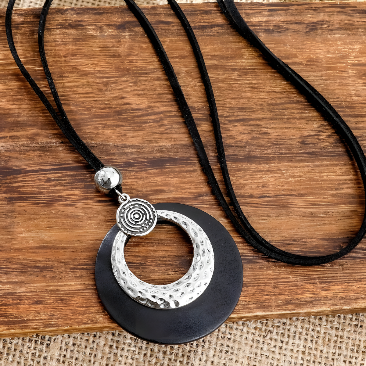 Boho Hammered Hoop Jewellery Set Women, Black Cord Round Pendant Necklace 1709