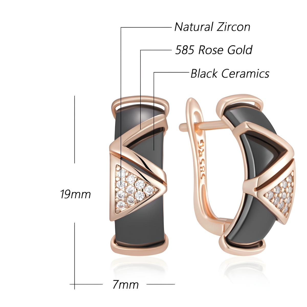 585 Rose Gold Colour Drop Earrings for Women, Copper Metal Black Ceramic 1297