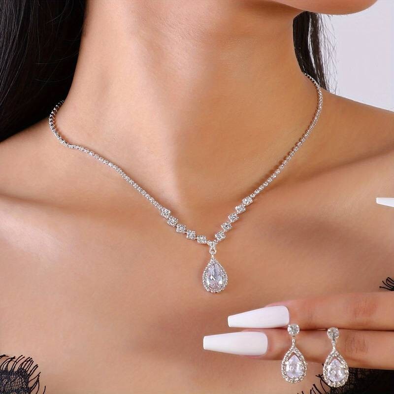 Women Silver Plated Zircon Pendant Necklace&Earring Fine Jewelry Set Wedding 59