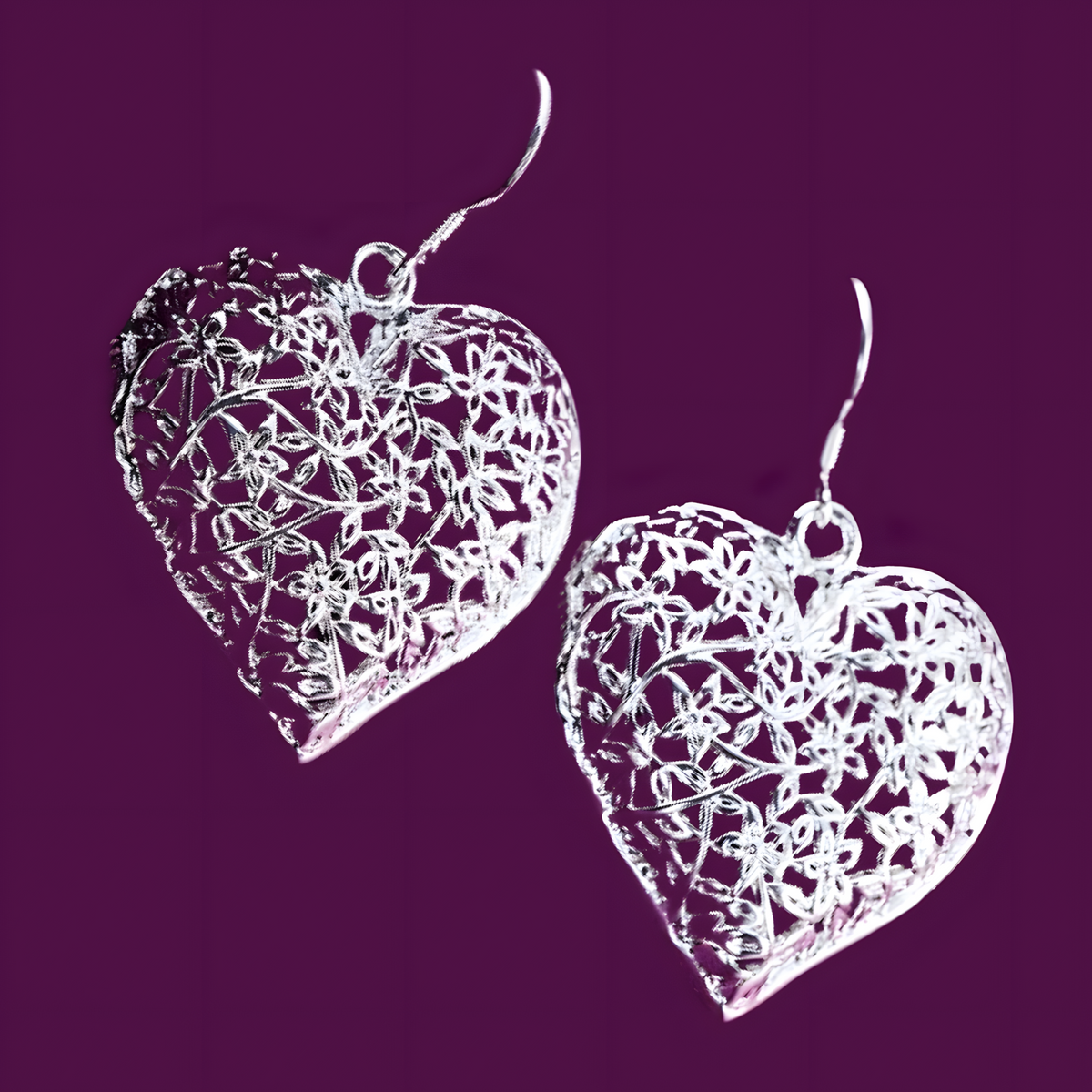 Large Silver Plated Heart Drop Earrings - Cutout Filigree Lace Design Dangle B41