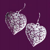 Large Silver Plated Heart Drop Earrings - Cutout Filigree Lace Design Dangle B41