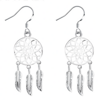 Silver Plated Alloy Dreamcatcher Drop Earrings for Women Feather Charm HooK 1414