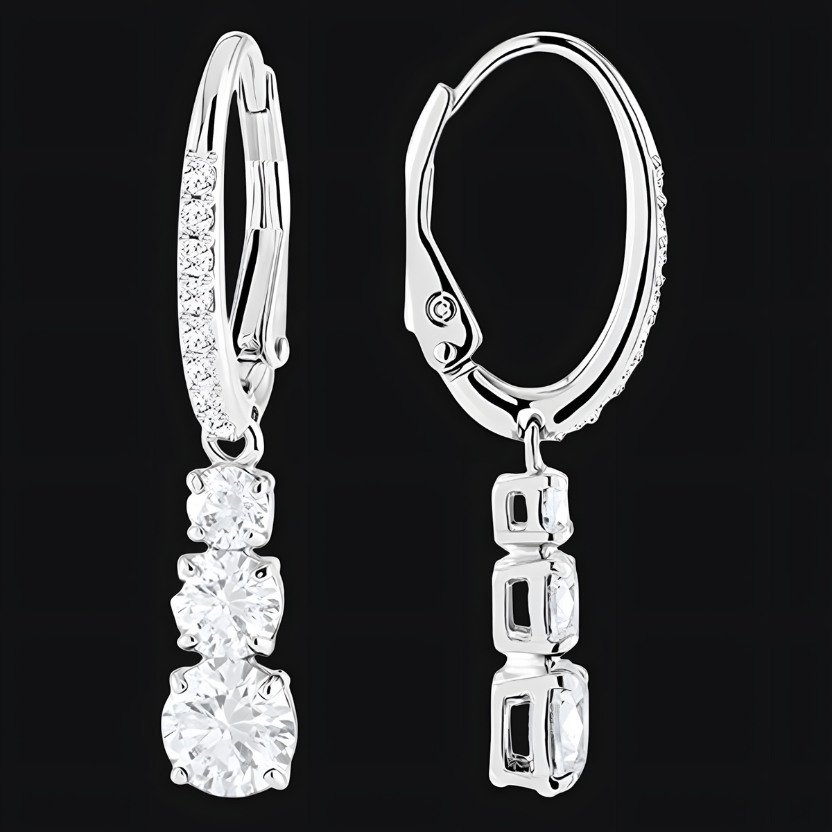 Luxury Round-Cut Triple Drop Dangle Earrings For Women - Rhodium-Plated 1454