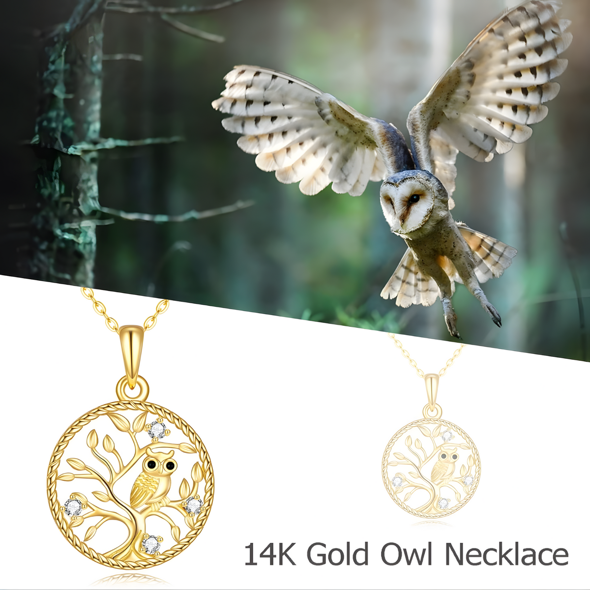 Round Gold Tone Owl Pendant Necklace – Metal Tree Of Life Design Crystal 1076