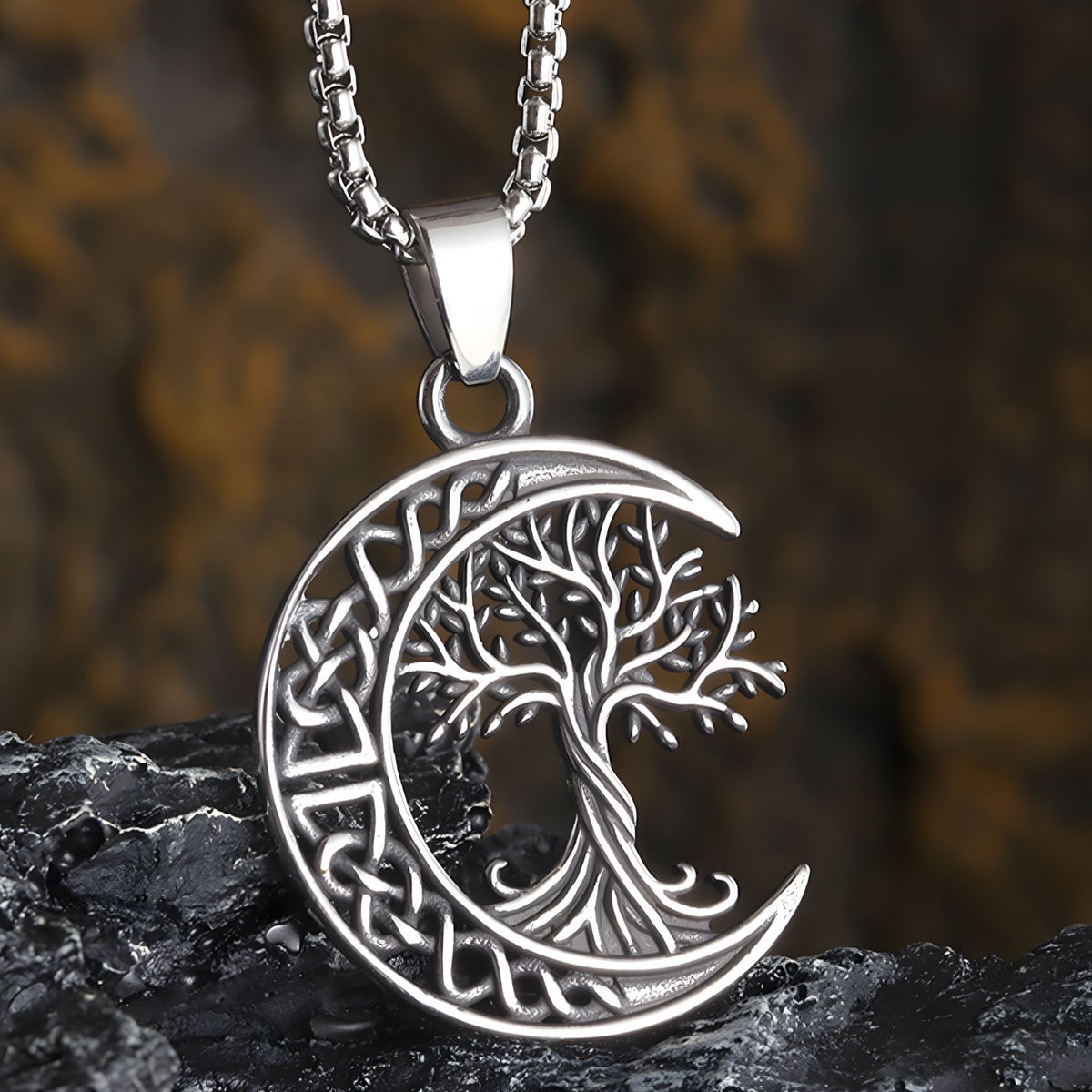 Stainless Steel Tree of Life Moon Pendant Necklace 600mm Chain Jewelry B25