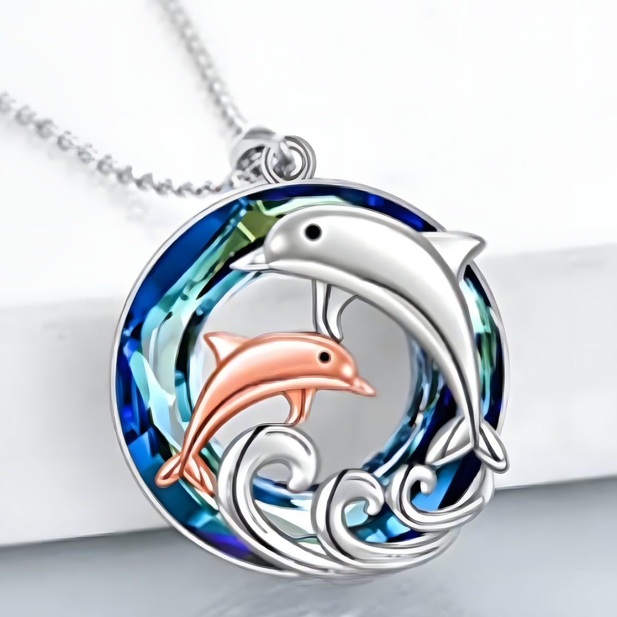 Dolphin Mother & Baby Pendant Necklace Women Zinc Alloy Animal Ocean Wave 1084