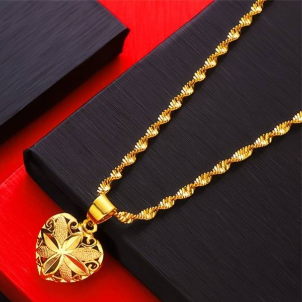 24K Gold Plated Brass Heart Pendant Necklace for Women, Vintage Style, Peach 126