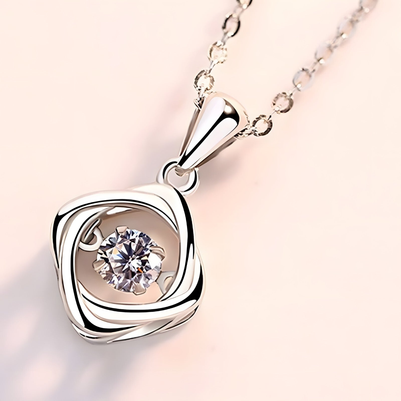 925 Sterling Silver Dancing Zircon Necklace – Twisted Pendant Charm with 5mm 274