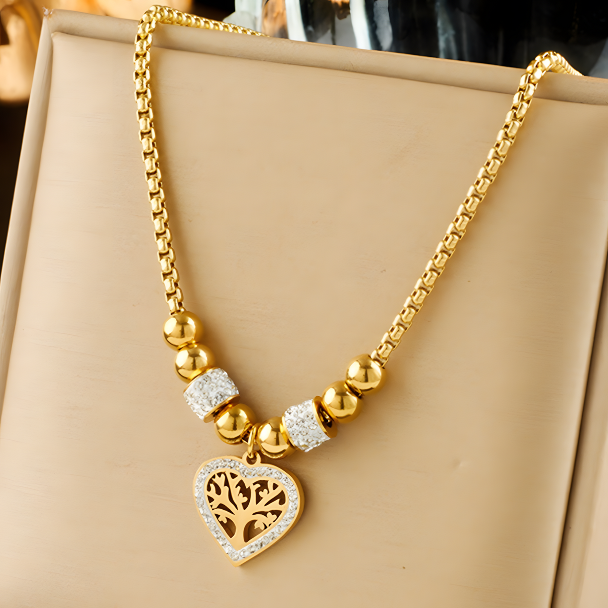 316L Stainless Steel Heart Tree of Life Pendant Necklace Trendy Gold  Chain 1077